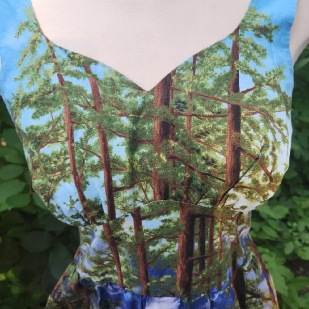 Retrolocious Forest Tree Print Fit & Flare Dress Sleeveless Womens M - Picture 2 of 14